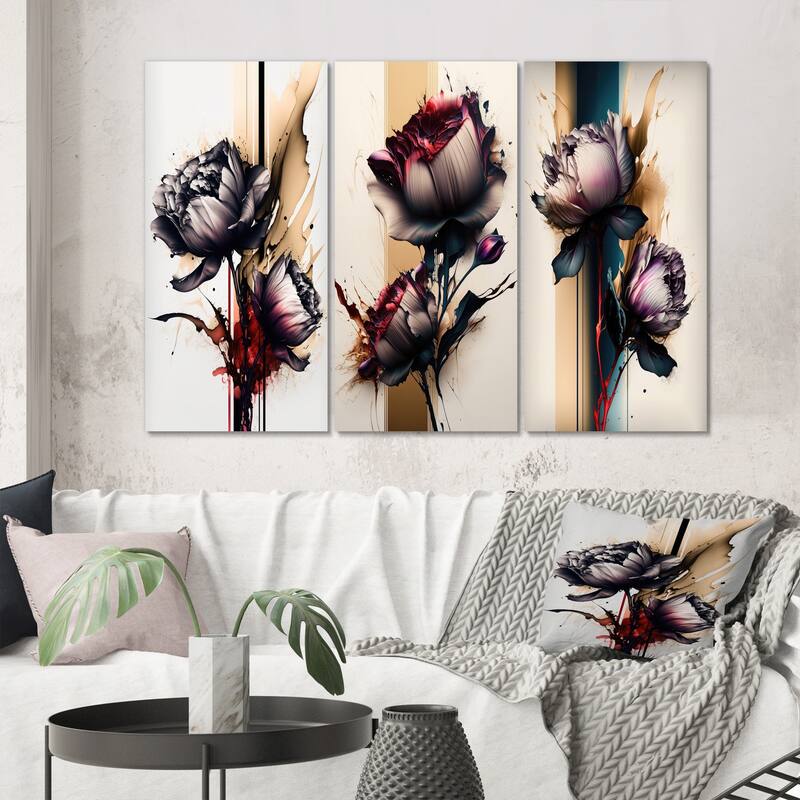Designart "Red Peony Flower On Abstract Paint I" Floral Peony Canvas Art Print Set of 3 Pieces